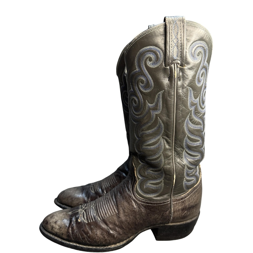 Tony Lama Cowboy Boots Mens Size 8.5 Ostrich Leather Western Tall Distressed 90s
